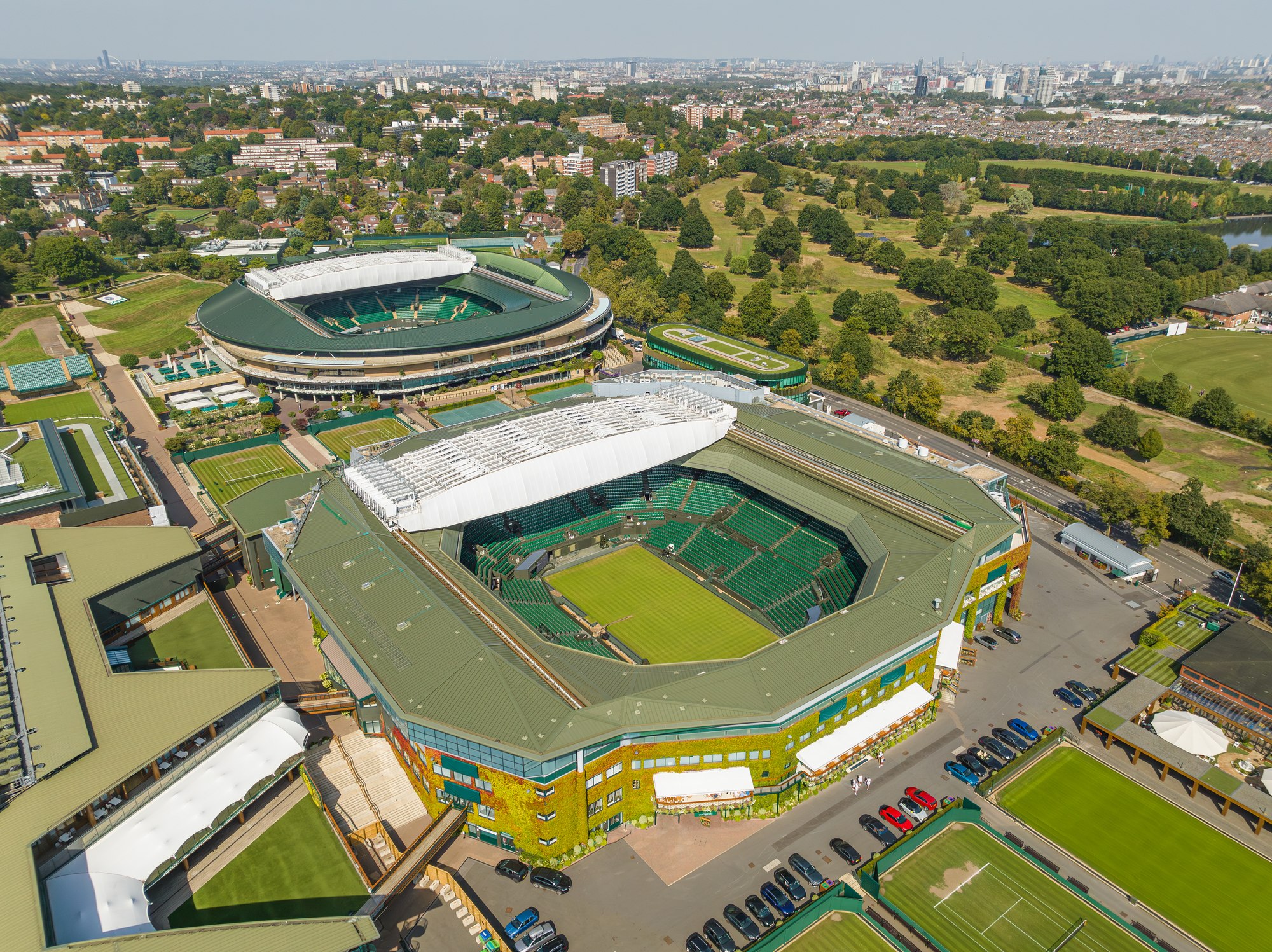 Aerial view of Centre Court and No.1 Court at the All England Club